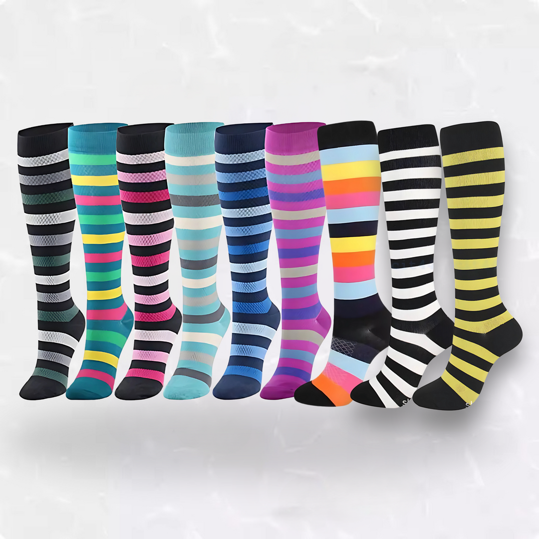 Collection of colourful striped compression socks in various designs