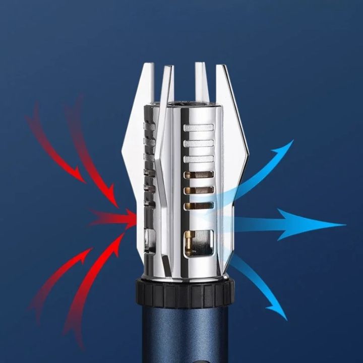 Close-up view of the windproof torch lighter nozzle showing airflow design