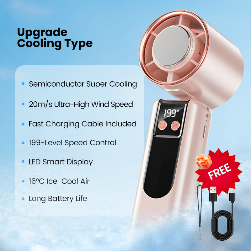 Handheld cooling fan held by hand during a hot summer outdoor activity