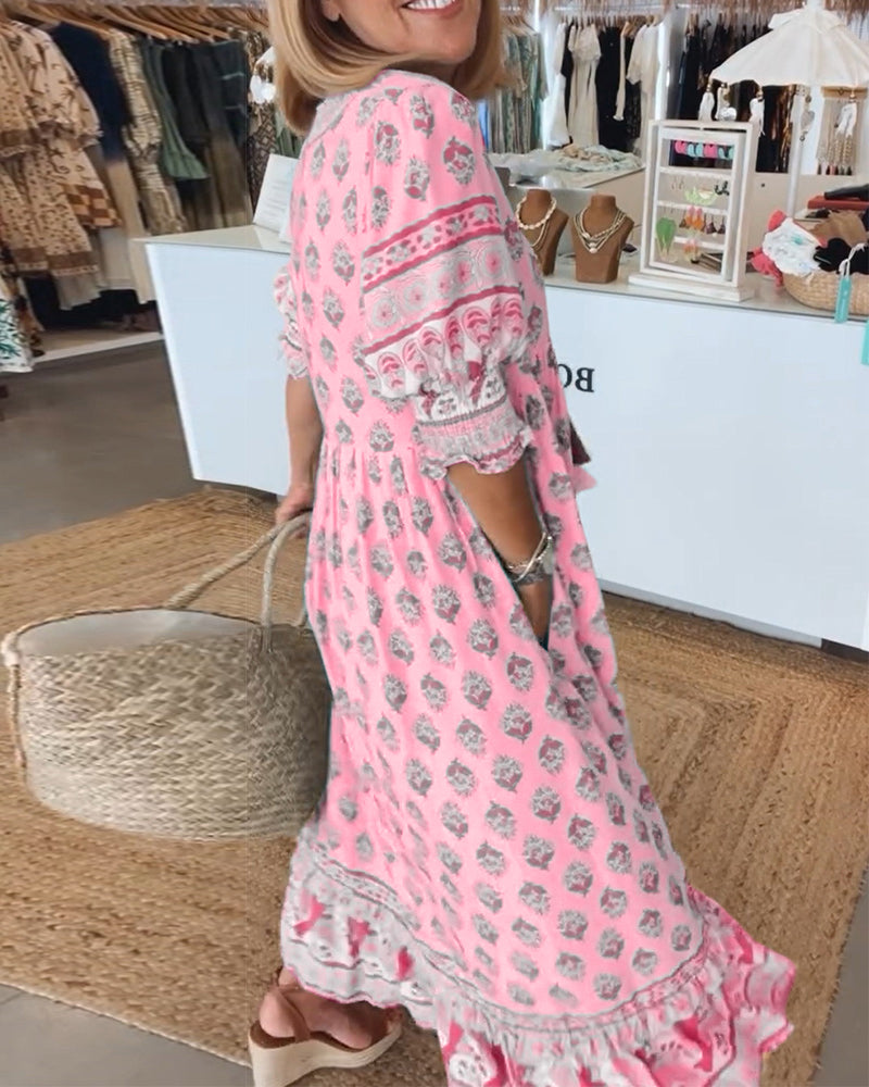 Full-length view of the stylish blue printed half-sleeve dress