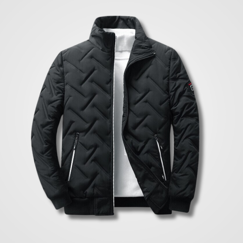 Men's black winter bomber jacket with ribbed collar and zippered pockets