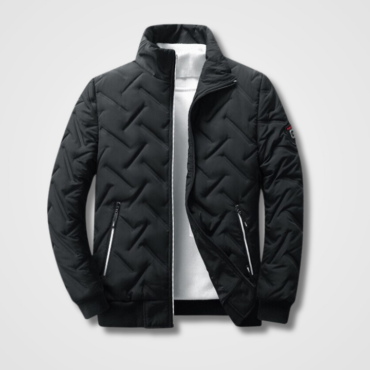 Men's black winter bomber jacket with ribbed collar and zippered pockets