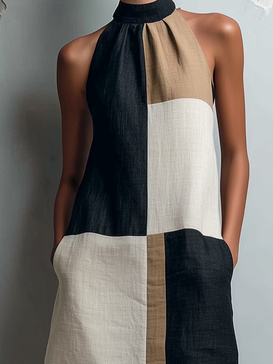 Close-up of the halter neckline and colorblock pattern