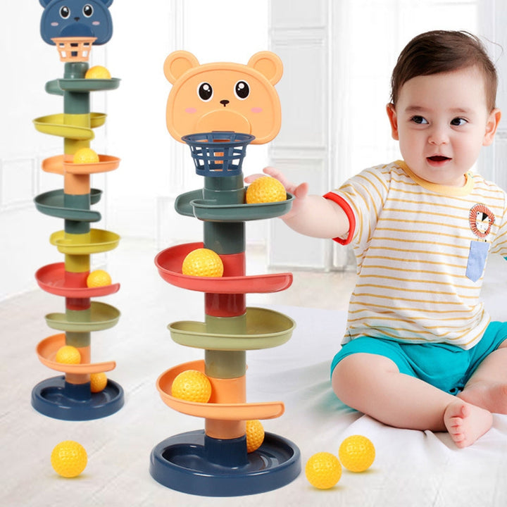 Montessori ball drop toy featuring stacked colorful layers and rolling spheres for toddlers