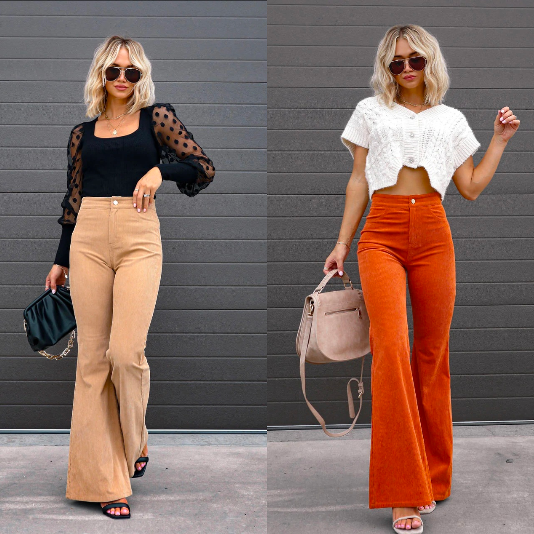 Flat lay of women's fashion retro trousers paired with casual accessories