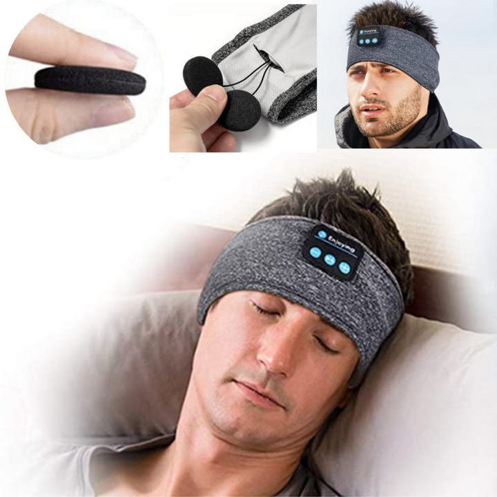 Demonstration of ultra-thin speakers and a man sleeping comfortably wearing the gray mask