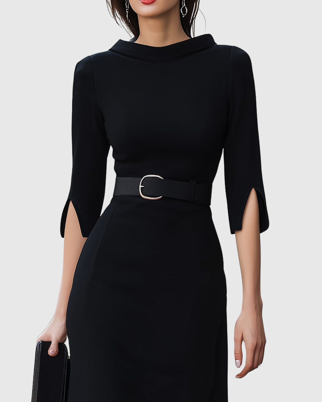 Close-up of high neck and belted waist detail on women's black midi dress