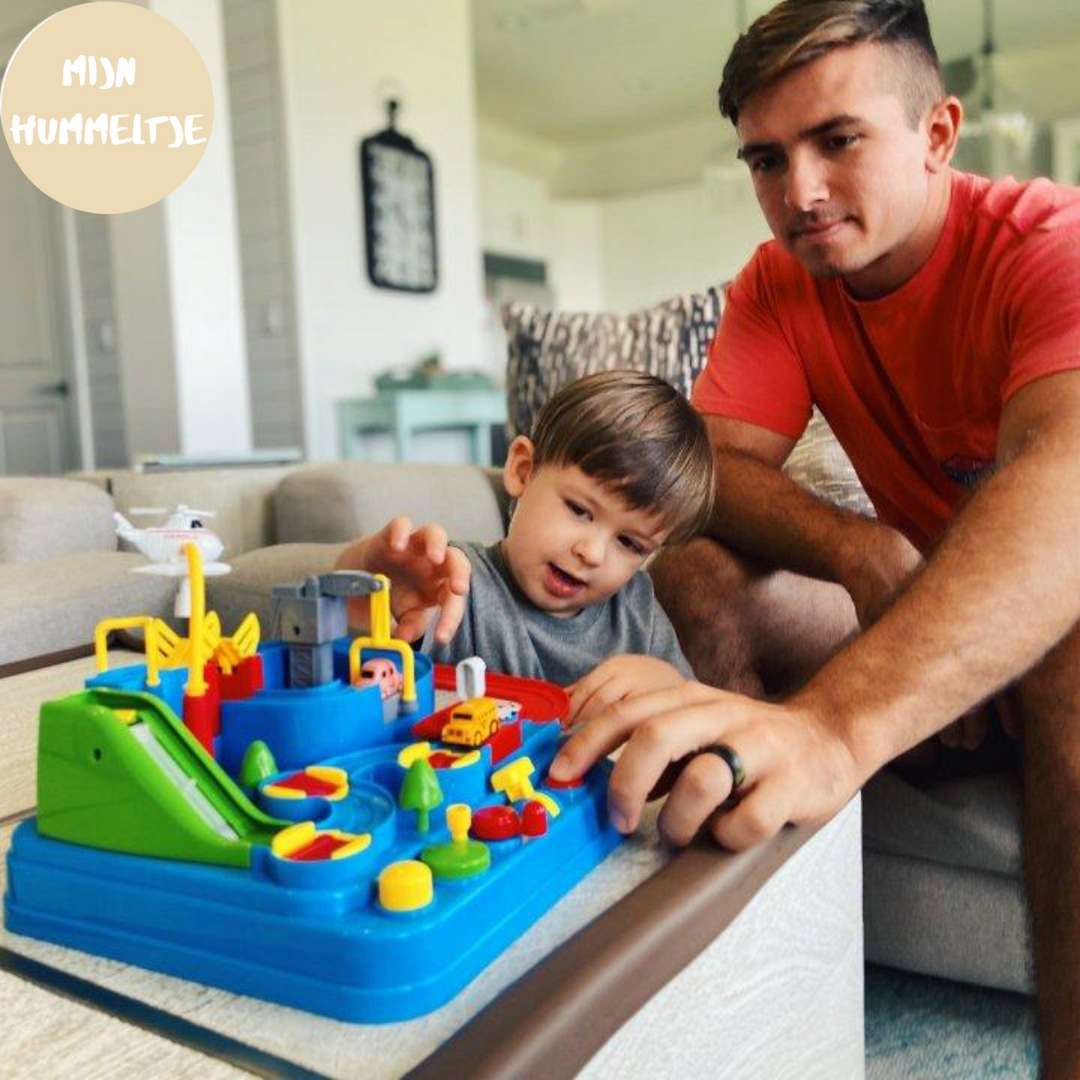 Colorful toy car track featuring interactive buttons and levers