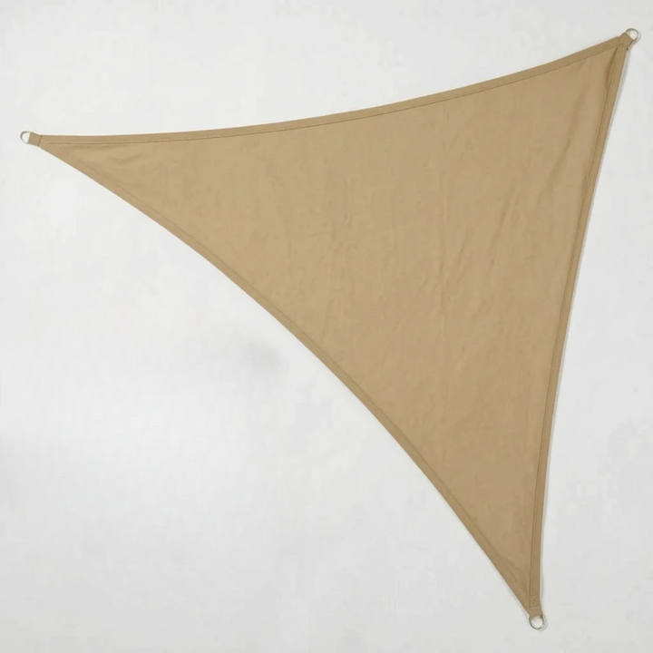 Triangular outdoor shade sail canopy installed over a sunny patio for sun protection