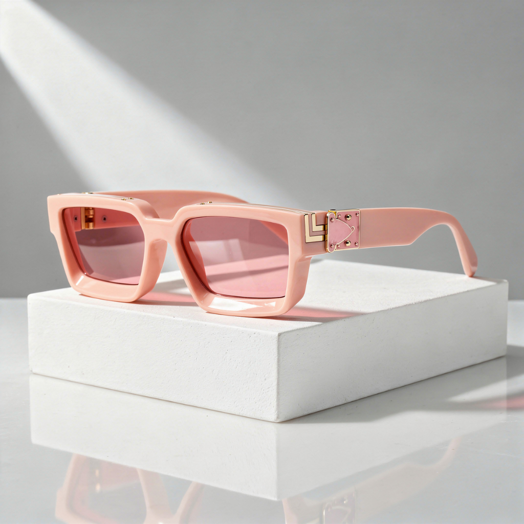 Pink square sunglasses with matching lenses and gold-toned hinges