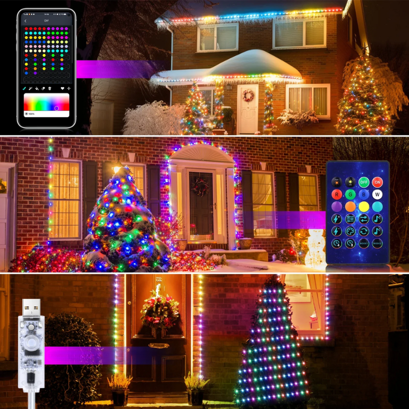 Multicolor RGBIC string lights installed on a house exterior and festive tree during winter