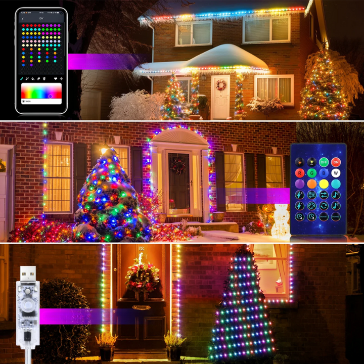 Multicolor RGBIC string lights installed on a house exterior and festive tree during winter