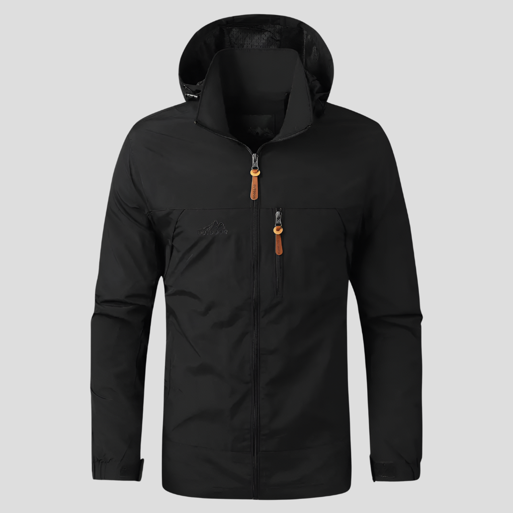 Khaki windproof outdoor jacket for men, showing detailed sleeve stitching and durable zipper pockets.