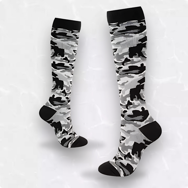 Gradient compression socks featuring whimsical cartoon prints