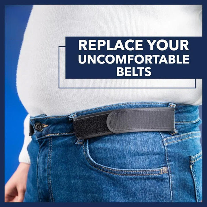 Close-up of a black no buckle belt replacing traditional belts on denim