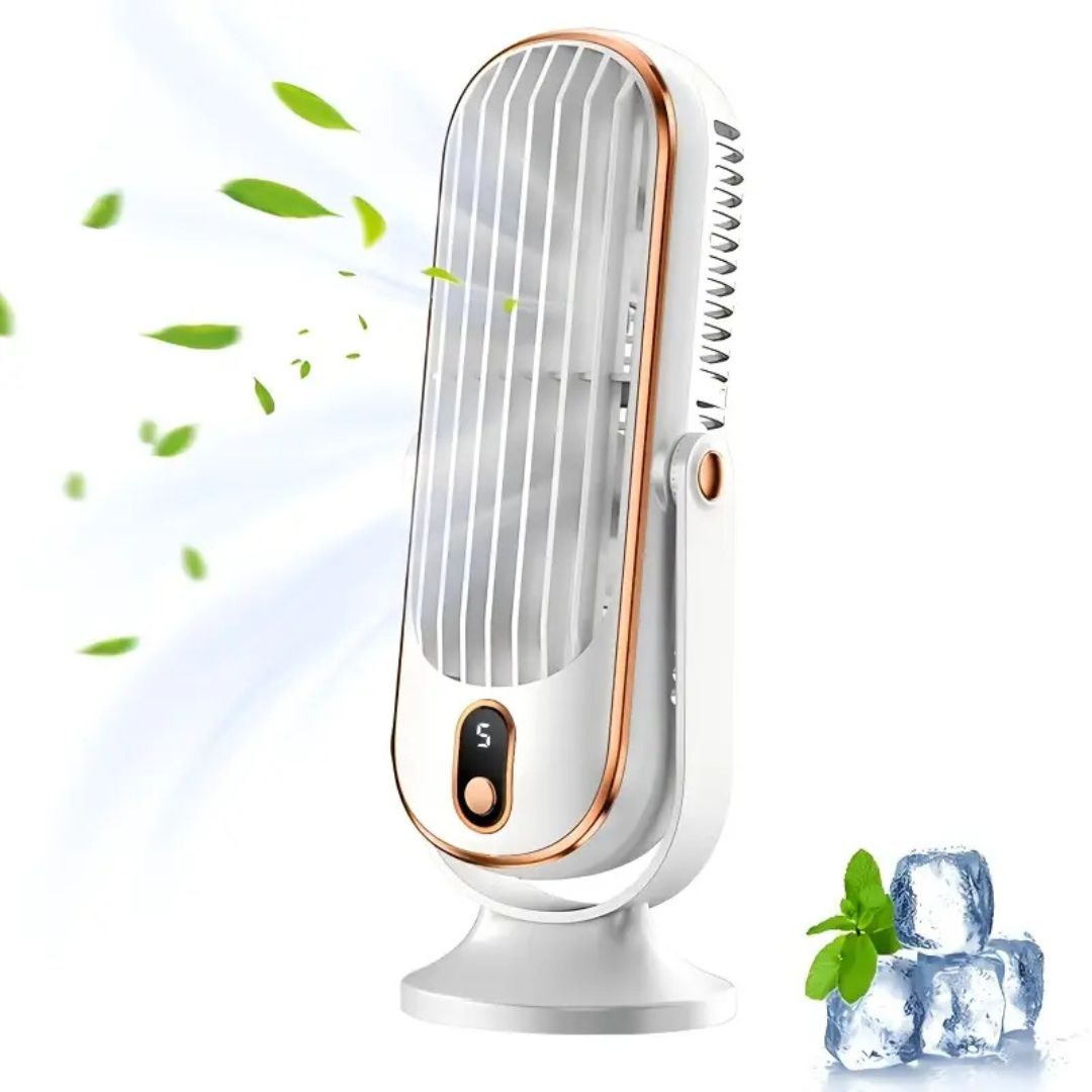 Rechargeable personal fan operating outdoors on a patio table during a warm day.