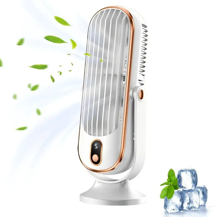 Rechargeable personal fan operating outdoors on a patio table during a warm day.