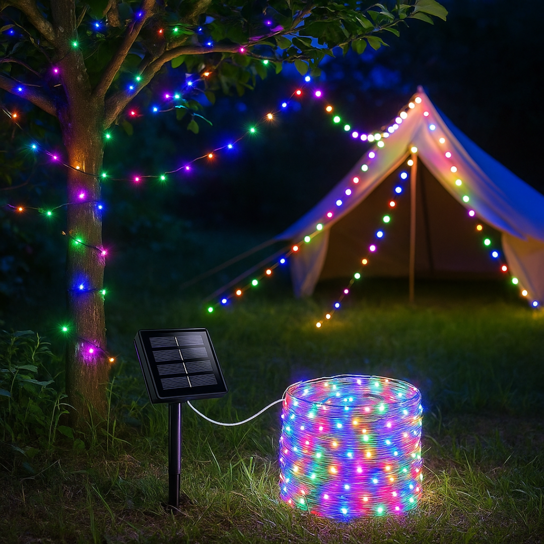 Outdoor solar LED string lights illuminating a cozy garden patio at night