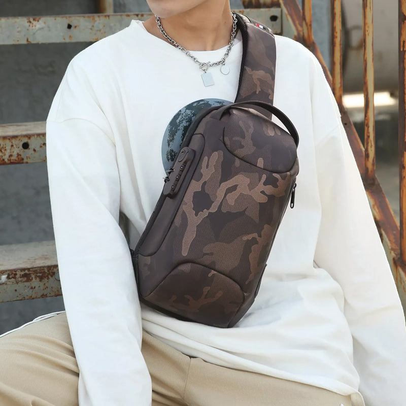Person wearing camouflage anti-theft crossbody bag outdoors