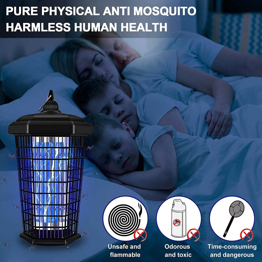 Compact bug zapper and pest control device emitting UV light on a wooden tabletop