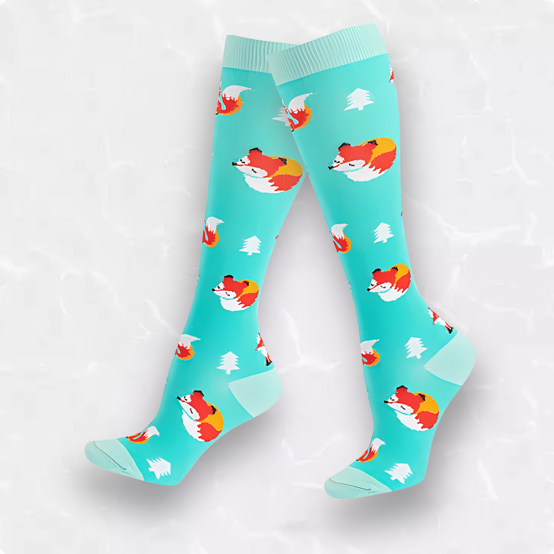 Aqua blue fox patterned knee-high compression socks pair