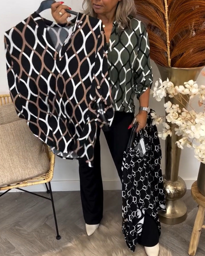 Model wearing the green long-sleeve printed blouse in a relaxed fit