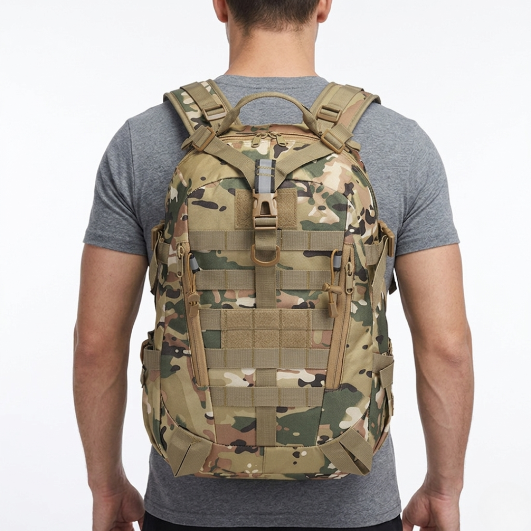 Mesh side pocket holding water bottle on camping gear backpack