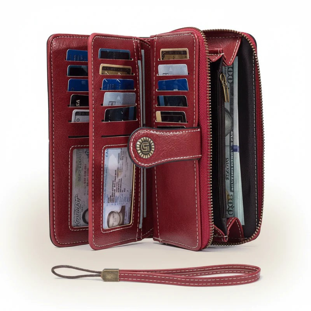 Red unisex accessory long zip-around wallet showcasing interior organization compartments