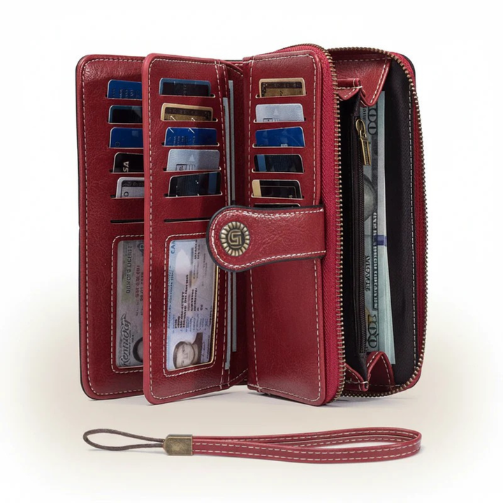 Red unisex accessory long zip-around wallet showcasing interior organization compartments