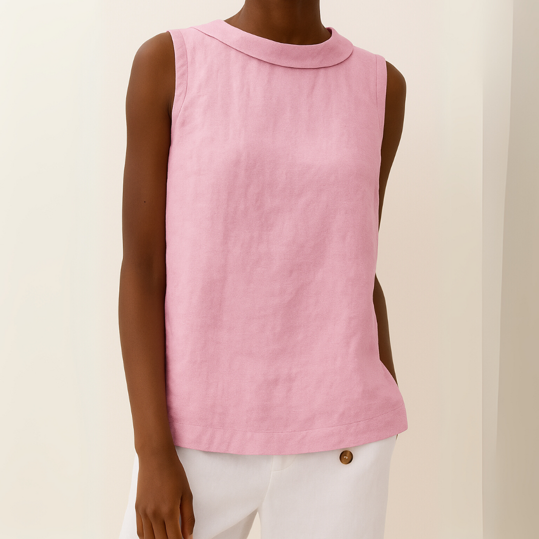 White and pink women's casual summer sleeveless top featuring roll collar