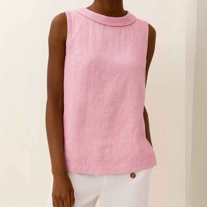 White and pink women's casual summer sleeveless top featuring roll collar
