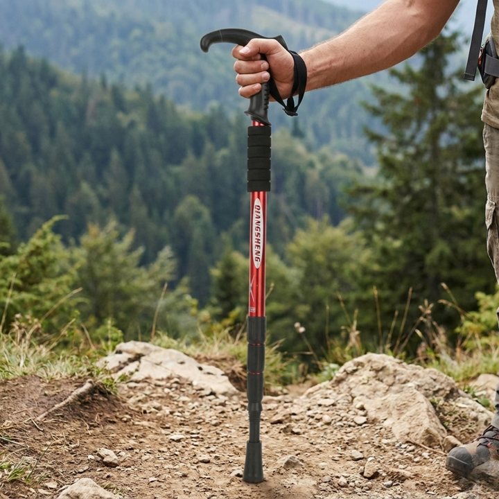 Pair of unisex trekking poles ready for mountain trail support