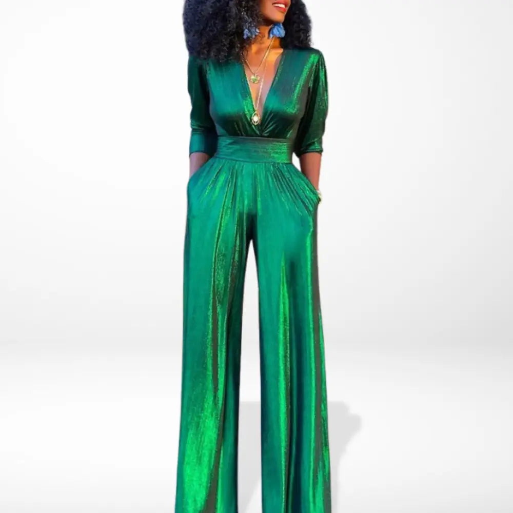 Woman wearing an elegant green evening jumpsuit with V-neck