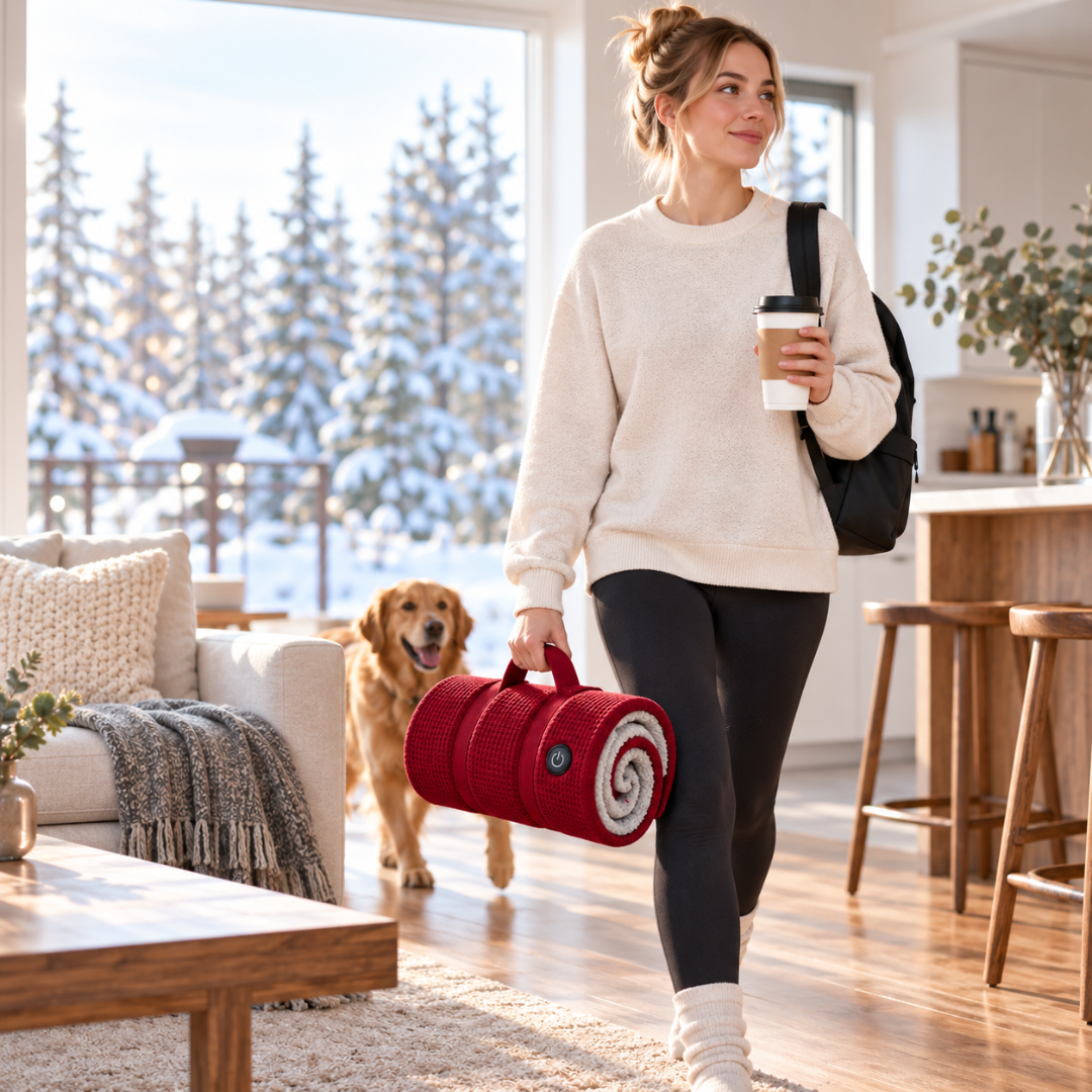 Woman walking outdoors carrying a rolled red heated blanket with a golden retriever