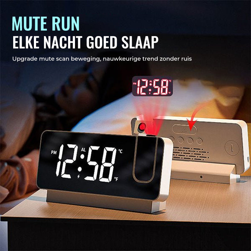 LED projection alarm clock close-up showing control buttons and display
