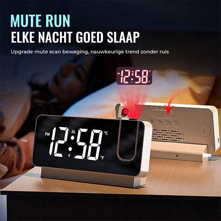 LED projection alarm clock close-up showing control buttons and display