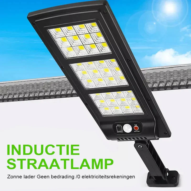 Solar street light LED panel mounted outdoors against a blue sky