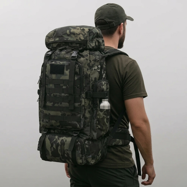 Large 80L hiking backpack top lid with zipper pocket for camping gear