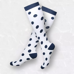 White with navy spots