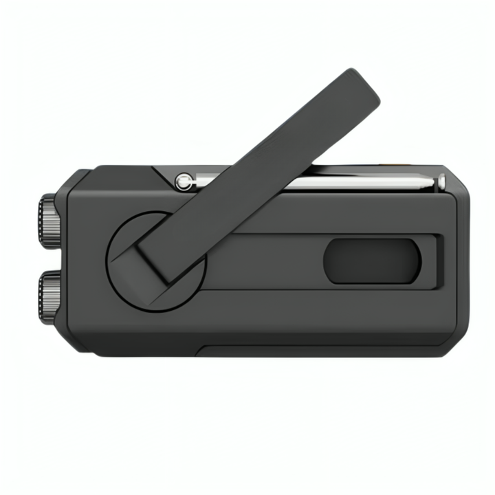Close-up of hand crank mechanism on portable emergency survival radio