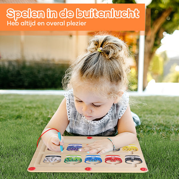 Kids learning toy showing magnetic pen attached to the wooden board safely