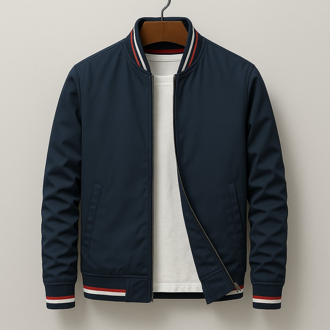 Detailed shot of ribbed cuffs and hem on the men's Prescott bomber jacket