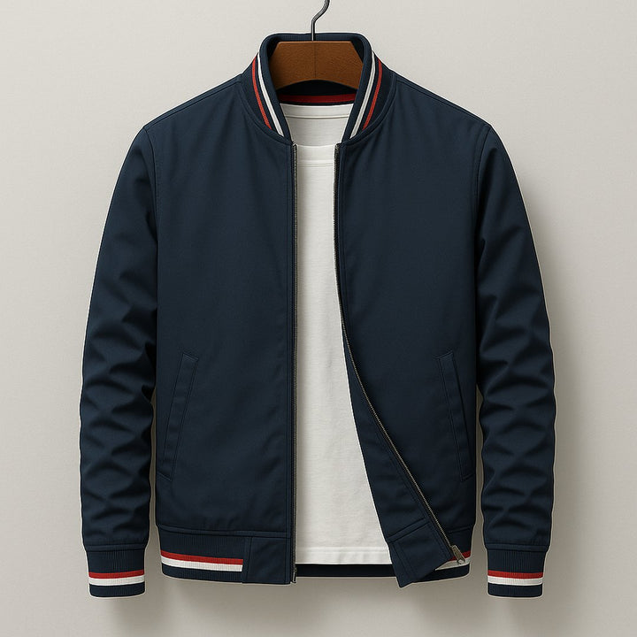 Detailed shot of ribbed cuffs and hem on the men's Prescott bomber jacket