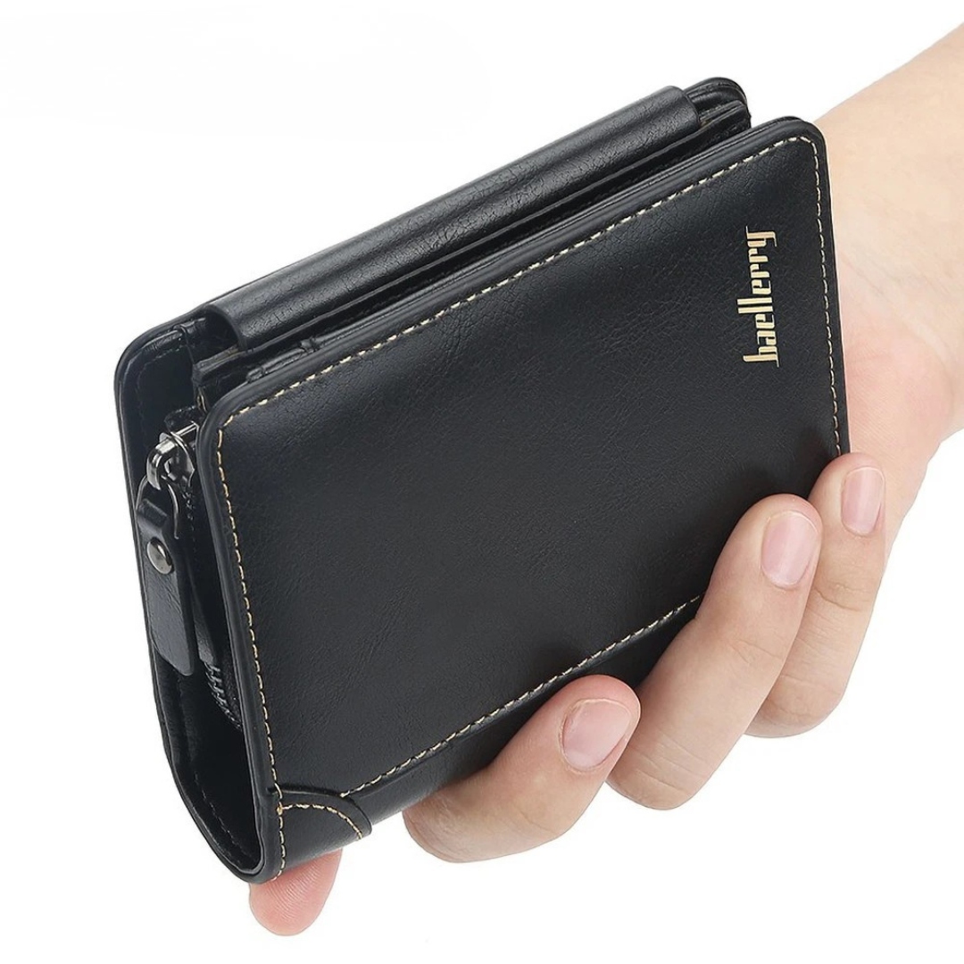 Back view of compact mens wallet highlighting durable stitching and slim profile