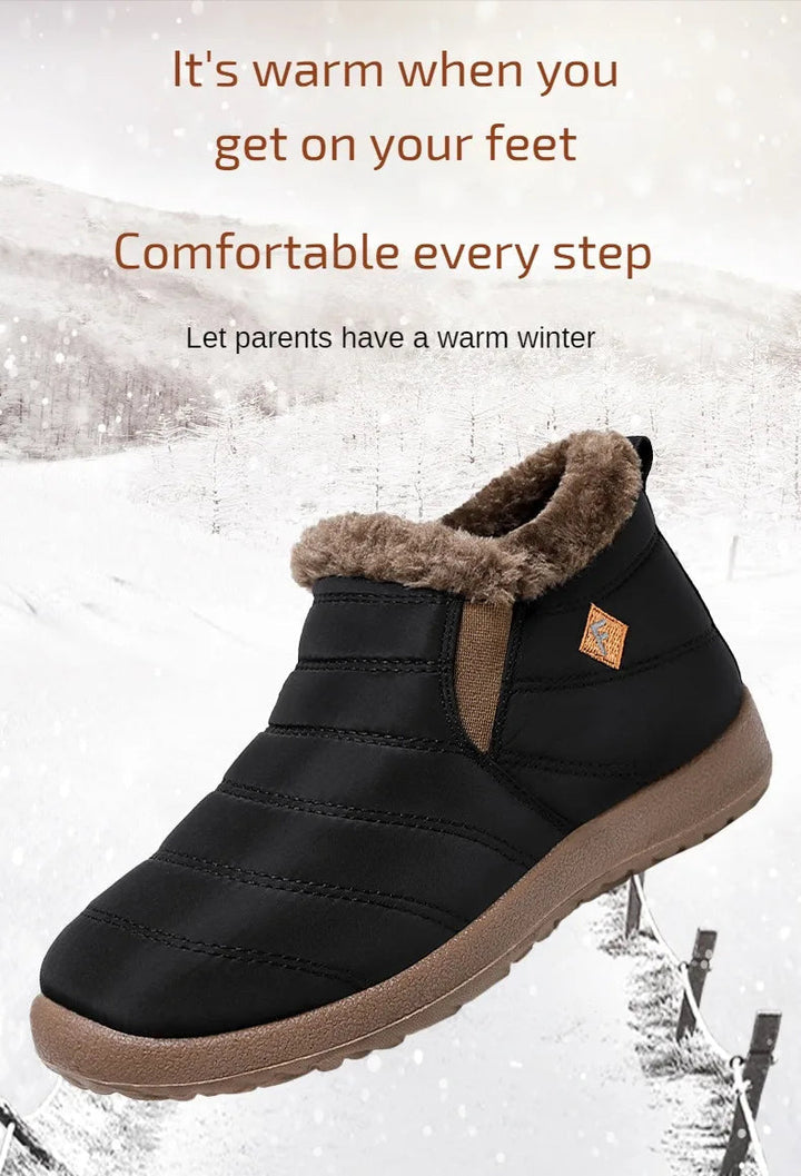 Unisex winter warm slip-on boots viewed from the side, showing cozy fleece lining.