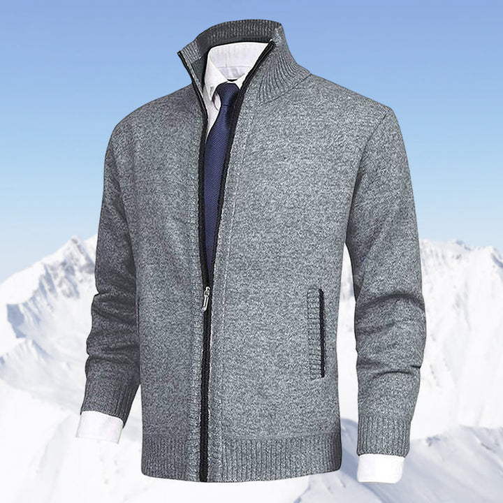 Textured knit pattern on the sleeve of a men's casual zip-up cardigan