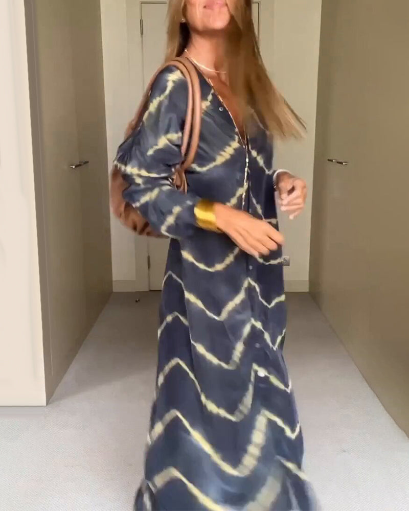Full length view of black women's loose V-neck maxi dress, casual summer wear