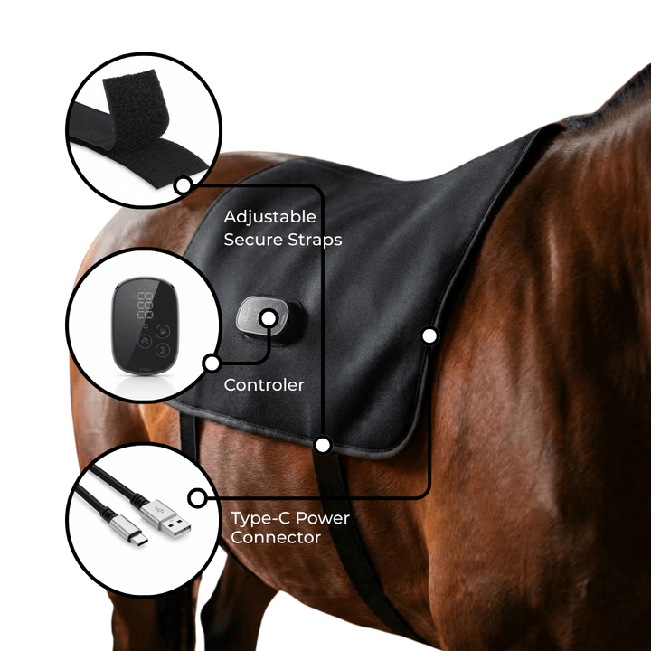 Close-up of therapeutic red light diodes on the horse muscle recovery wrap