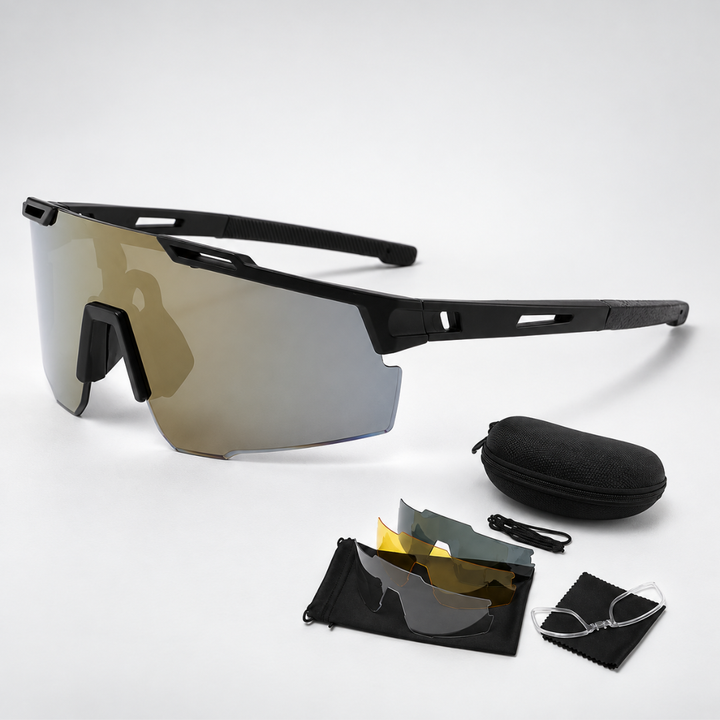 Unisex photochromic wraparound cycling glasses showing UV400 lens transition