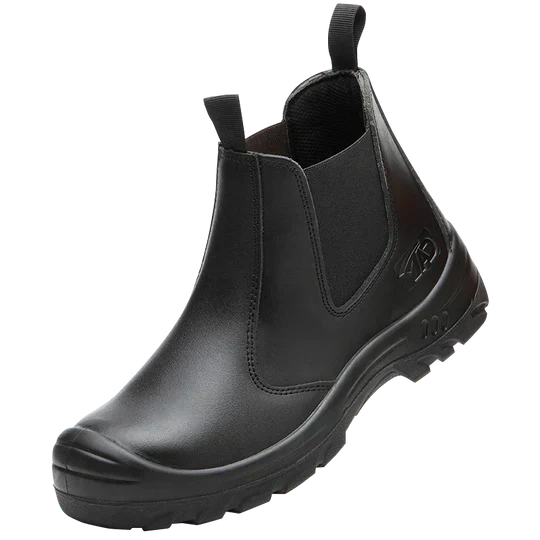 Angle view of black safety boot showing elastic side panels and pull tab